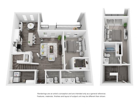 Floor plan for 1 bed, 2.5 baths, 1384 sqft
